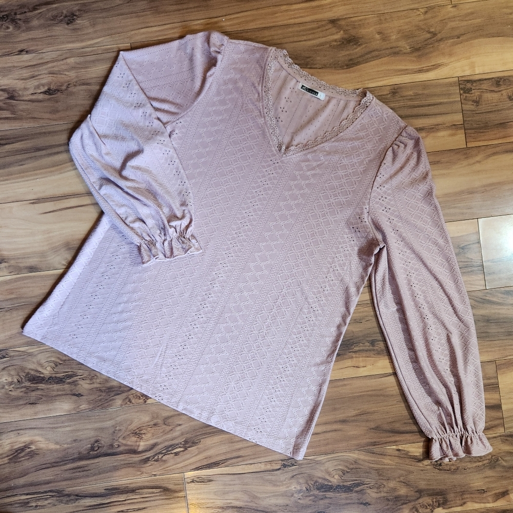 Kikula Blush Pink Eyelet Romantic V-Neck Long Sleeve Top Size L